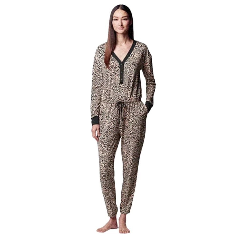 Simply Vera Wang Womens Black Tan Leopard Pockets Onesie Pajamas Sz M New
